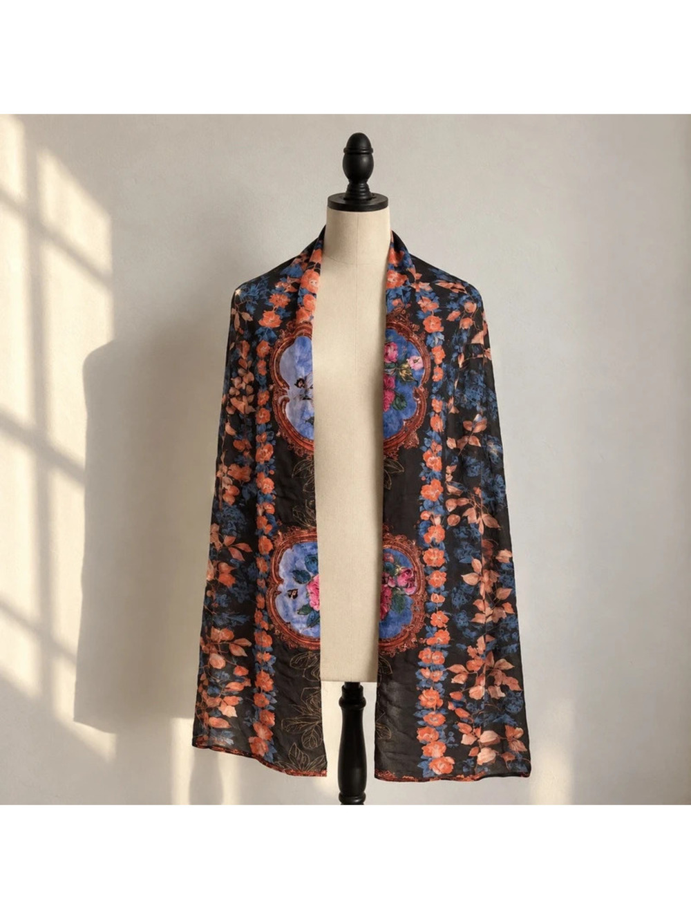 Terencia Floral Satin Scarf Shawl Black Multicolor Lightweight Long Wrap